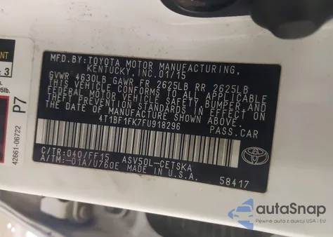 2015 Toyota Camry Se from USA, damaged, VIN 4T1BF1FK7FU918296